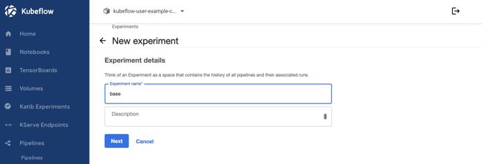 Screenshot of the New Experiment page within Kubeflow