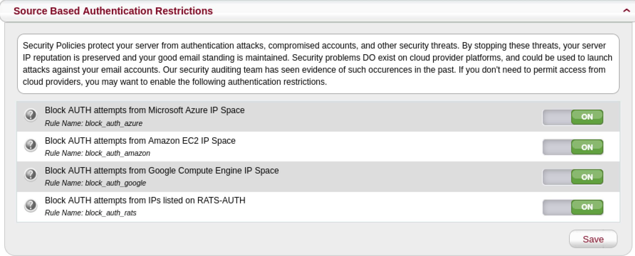 Source Based Authentication Restrictions Screenshot of source based authentication restrictions page