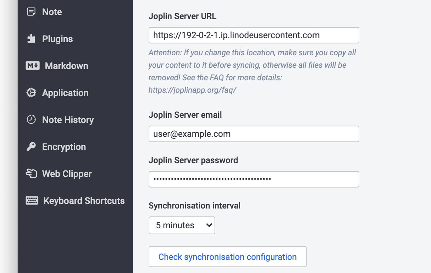 Screenshot of additional synchronization settings